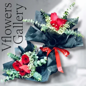 Roses with baby's breath & eucalyptus