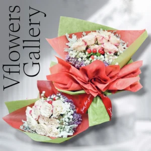 Roses with baby's breath, hypericum, caspia & sliver leaf