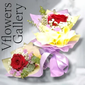 Roses with baby's breath, preserved statice & eucalyptus