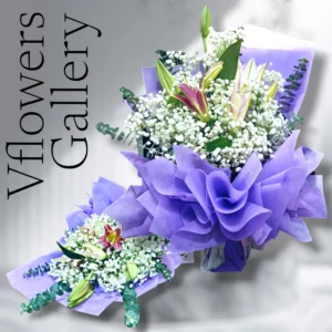 Lilies with baby's breath with eucalyptus
