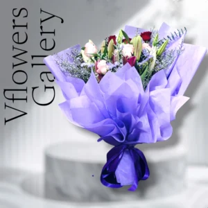 Lilies with roses, preserved statice, caspia & eucalyptus