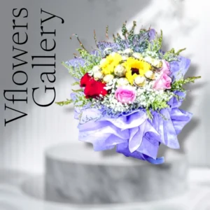 Sunflowers, baby's breath, Ferrero Rocher, roses, phoenix gold & caspia